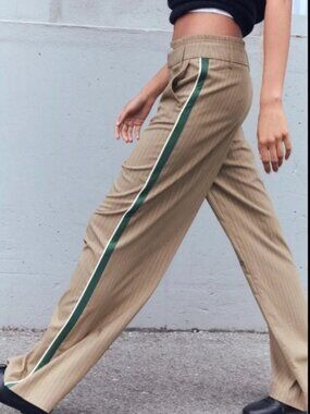 ZARA Pinstripe trousers with boxer detail tan/white/green pants Size S